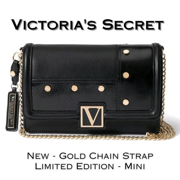 NEW Victorias Secret Crossbody Shoulder Bag Black Gold Chain Small Ltd Edition - Picture 1 of 10